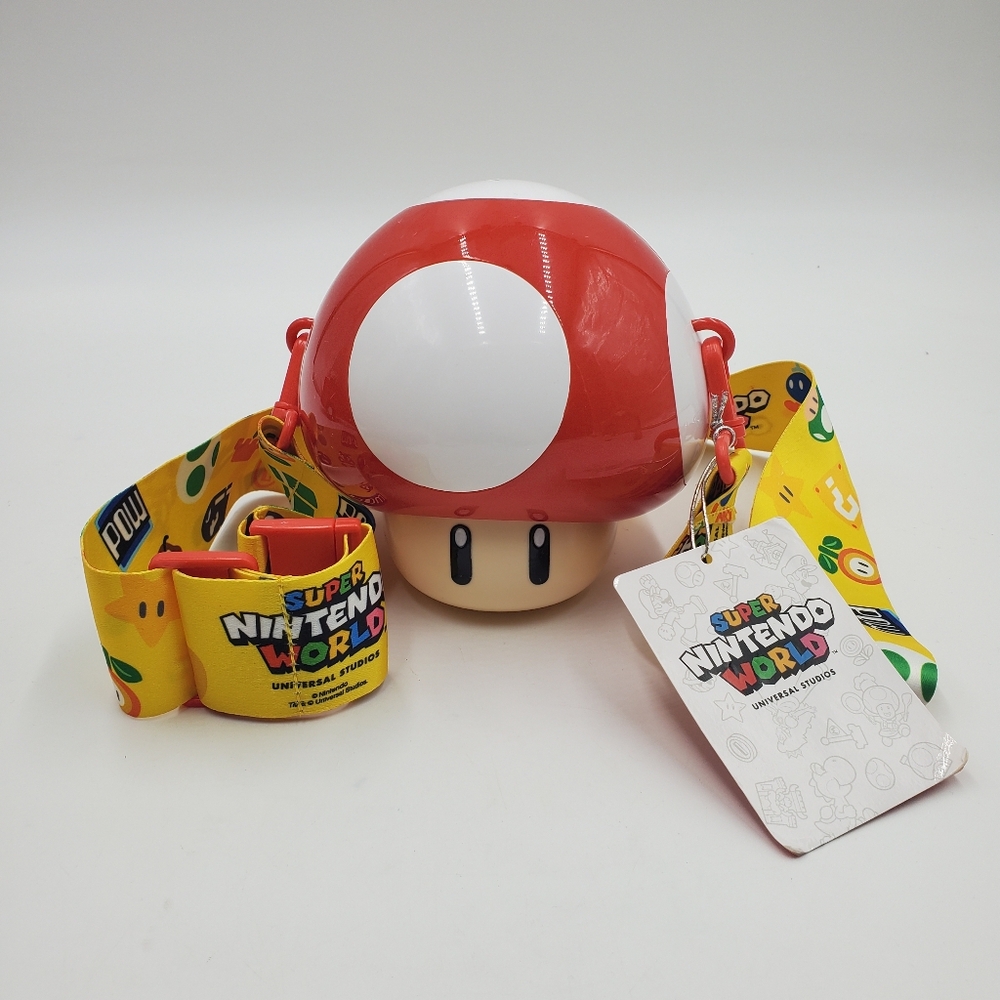 Super Nintendo World Mushroom Sipper Drink Cup + Strap Universal Studios Mario